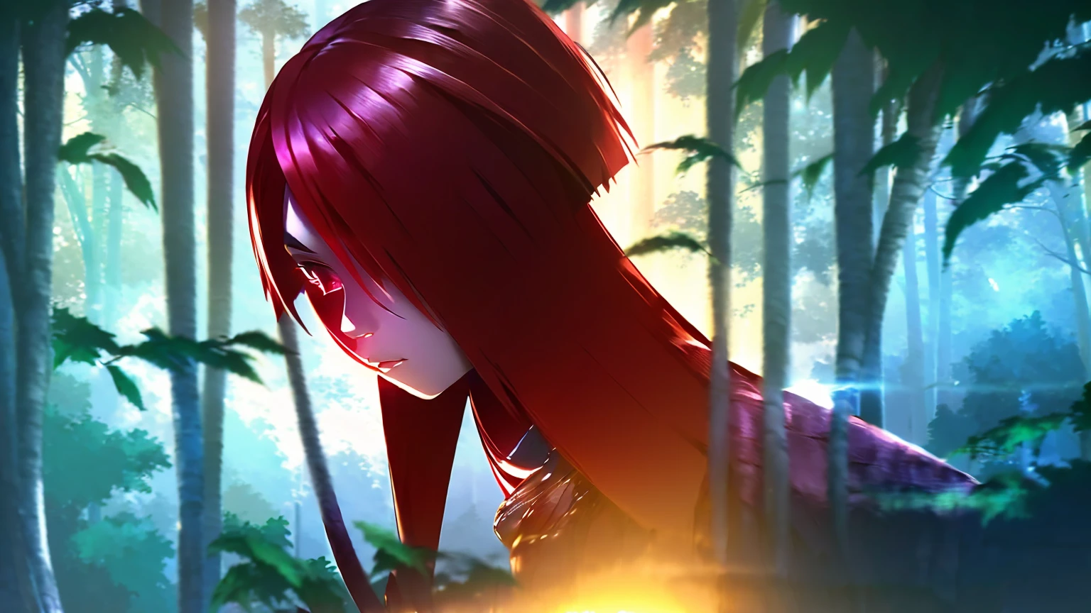 a beautiful girl akame, detailed face, detailed eyes, long eyelashes, sword in hand, dark red hair, white and red outfit, standing in a dark fantasy forest, moonlight shining, dramatic lighting, cinematic, highly detailed, 8k, photorealistic