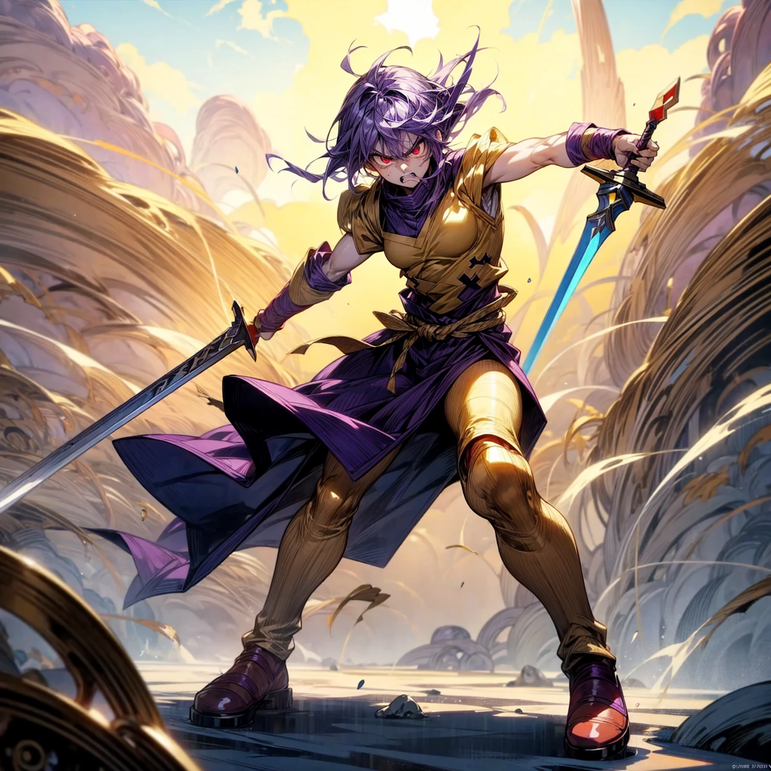 Full background, red eyes, angry, angry eyes, angry mouth, Curly hairstyle, purple colour hair, motion blur, lighting, (Hunter x Hunter style art)