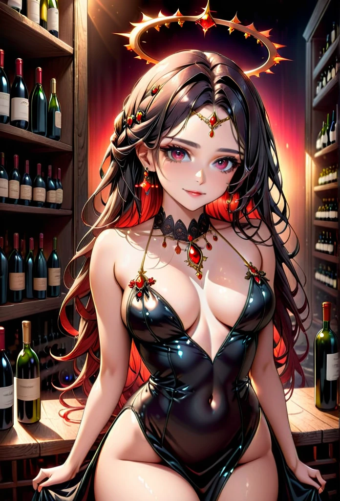 High resolution, high quality, High-resolution model, High detail, Very detailed, (Shot from the thigh up:1.3), (holding a wine glass:1.3), (Slim figure:1.5), goddess, long hair, Grown-up face, A relaxed expression, Dark Eyes, Gradient eyes, Front bottom shot, Her hair is black on top and red on the bottom., Circlet, Neon-like earrings, Black long dress, Shiny black and red gothic embellishments on the dress, There is a mysterious halo in the background, Mysterious light in the background, A shelf with wine bottles neatly lined up all over the background, Fantasy atmosphere