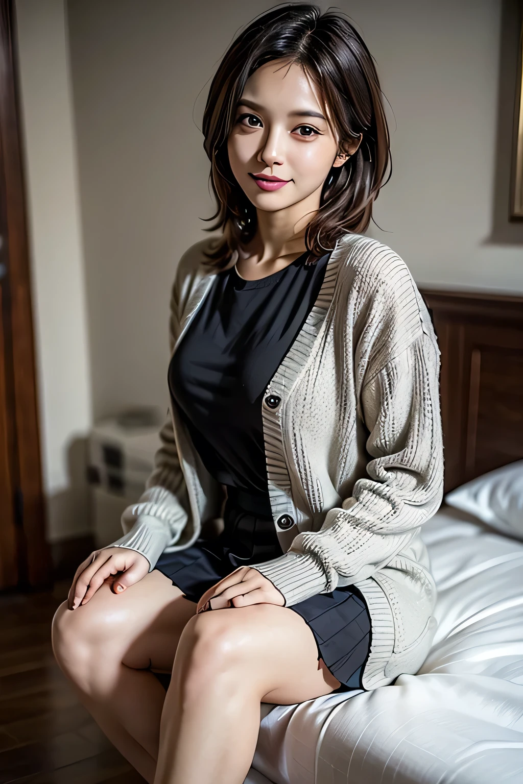 1 female, (Beautiful face with detailed shading), whole body, 40s, (Big Breasts), Beaver, Brown eyes, (Pink Cardigan), Open cardigan, White Camisole Blouse, (Yellow pleated skirt), White knee-high, On the bed, (Tabletop)), ((Highest quality)), (Very detailedな), ((attractive)), ((Very detailed)), 4K, (8k), Highest quality, (beautiful),(((World Class Quality))), Very detailed, High resolution,