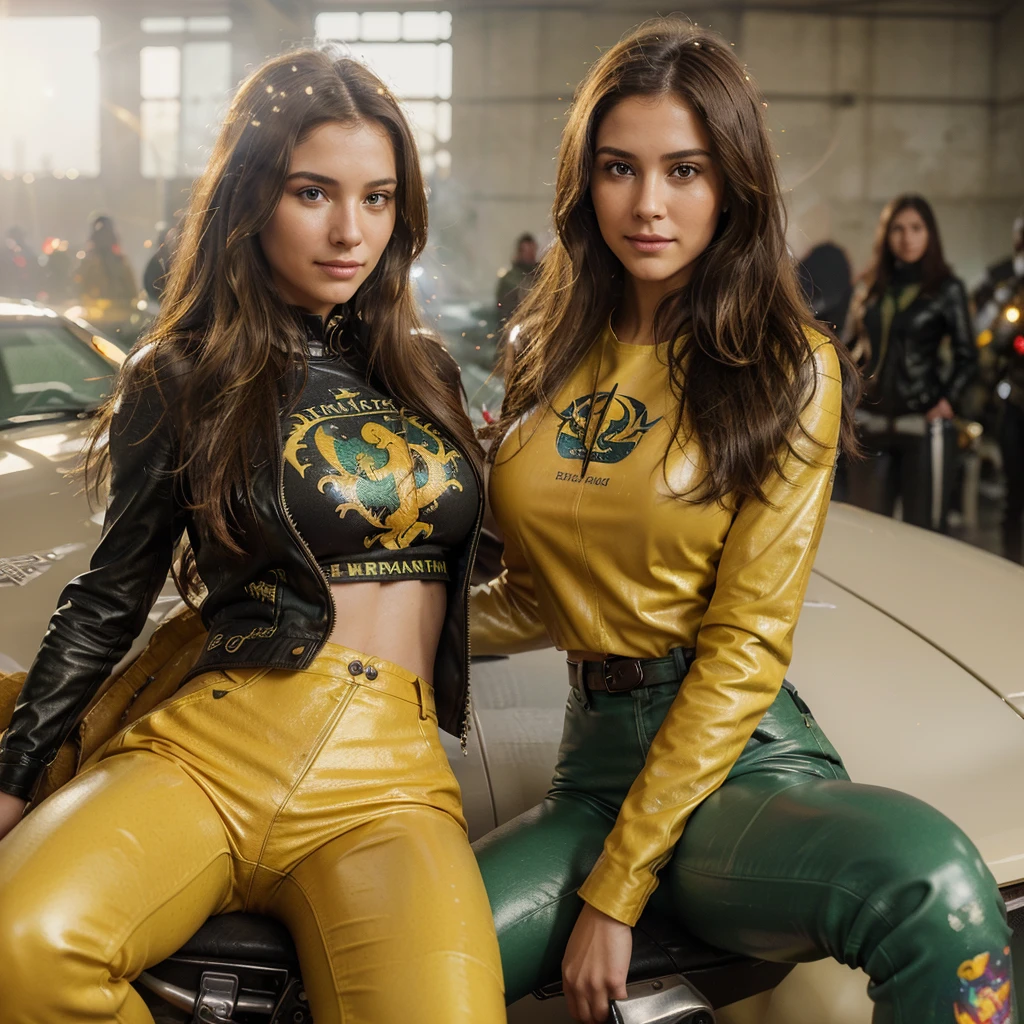 photo of a girl with wavy brown hair and light green eyes she has large breasts and a narrow waist, award winning), very long legs, wearing yellow leather pants and a yellow jacket with a dragon print on the back, she is sitting on a white bentley motorcycle, a foggy and burning city , smoke, explosions) , water splashes, particles, 5mm, F/2.8, ((Photofocus, DOF, Aperture, insanely detailed and intricate, character, hypermaximalist, revealing, attractive, attractive, captivating, hyperrealistic, super detailed, heretical glare) (DOF, blurred background, sunset in the background) (Lens flare: 1.3), (Heresy flare: 1.4), smiling, standing
