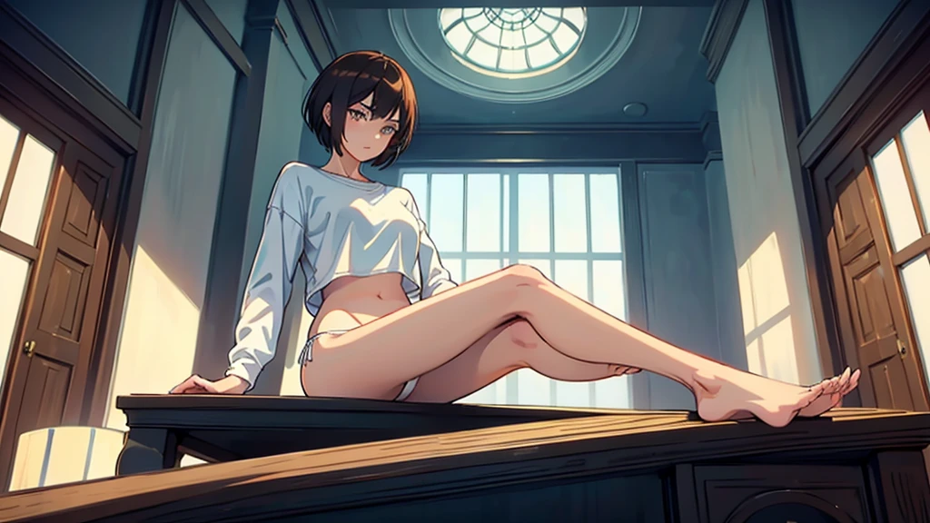 beautiful girl, slender, boyish, handsome short hair, brown hair, (wear a white long-sleeved T-shirt), (white bikini panties) , Perfect hands, Perfect body, reclining, leaning back, leg up, (bare foot), ((looking away)), relaxing, seduction, room, midnight, ((Exquisite detail)), Very finely crafted fingers(((10 fingers))), (full body showcase), (Show your whole body), (No logos on background), (No logo), ( from below),