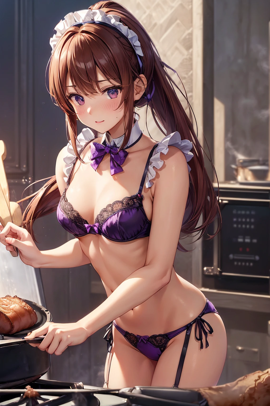 (((masterpiece, Highest quality, High resolution, 超High resolution, Perfect Pixel, Depth of written boundary, 4K, RTTX 10.0))), Beautiful Anime Woman, Beautiful art style, Anime characters, ((Smooth texture, Realistic texture, Anime CG Style)), Exact finger count、Exact number of legs、(Exact number of arms:1.0, Exact number of hands:1.0), (Perfect hands, Perfect Anatomy), Cinematic, Realistic, Extremely detailed CG, Daytime lighting, Perfect lighting, Best Shadow, The best natural light, whole body, Perfect body, バランのとれたPerfect body, Perfectly balanced style, Slender body, ((Long Hair, bangs, Reddish brown hair, ponytail)), ((A cute woman is cooking:1.8)), (pussy juice:1.5), ((Bow tie around neck, High heels:1.3), (Sexy and cute purple underwear:1.3), (Stylish shiny purple satin panties, Side-tie panties, The panties are plain purple in the center with lace decoration on the sides.:1.3), (Thin panties:1.3), (Purple micro lace satin bra, Purple bra with lace trim, Thin bra:1.3), (garter belt, Black knee socks:1.3):1.3), (Beautiful big , Cleavage:1.1), (Embarrassed expression:1.7), blush, (Stylish kitchen, In the middle of cooking, Dishes lined up in the kitchen:1.5), naked, In underwear, Waitress in underwear, (Frilly maid-like headband:1.2), Angle from the front