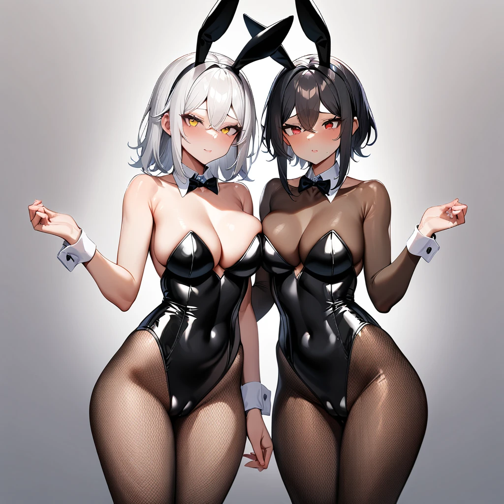 nsfw,2girls,duo,Androgynous,playboy bunny,big breast,black hair,red eyes,medium hair,sidelocks,(cowboy shot),(tight skin),straight-on,standing,masterpiece,best quality,very aesthetic, absurdres,Cameltoe,(Fishnet tights bodystocking),(White hair),(yellow eyes)