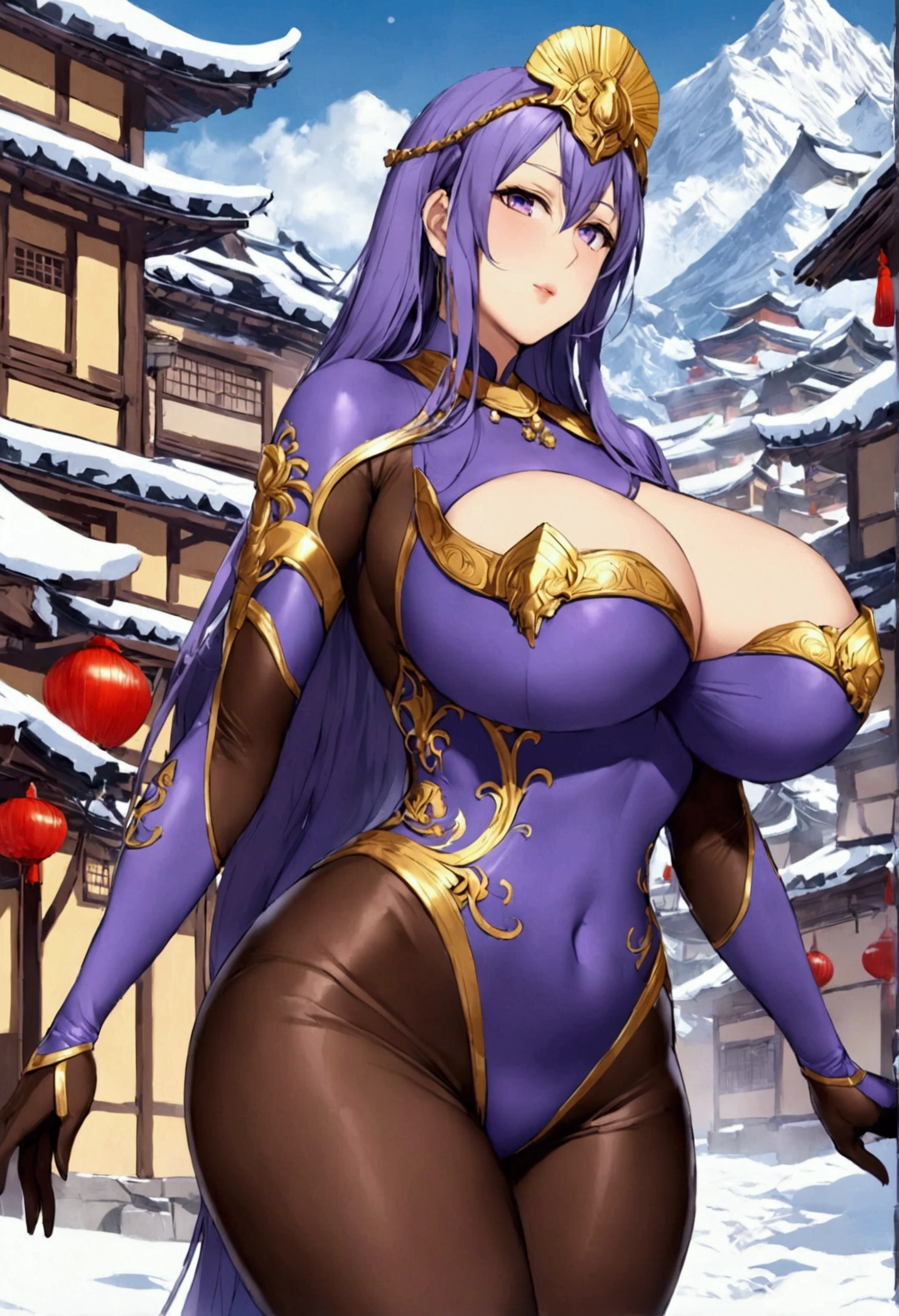 best quality masterpiece extremely detailed highres huge breasts Emperor Bodysuit town snow 