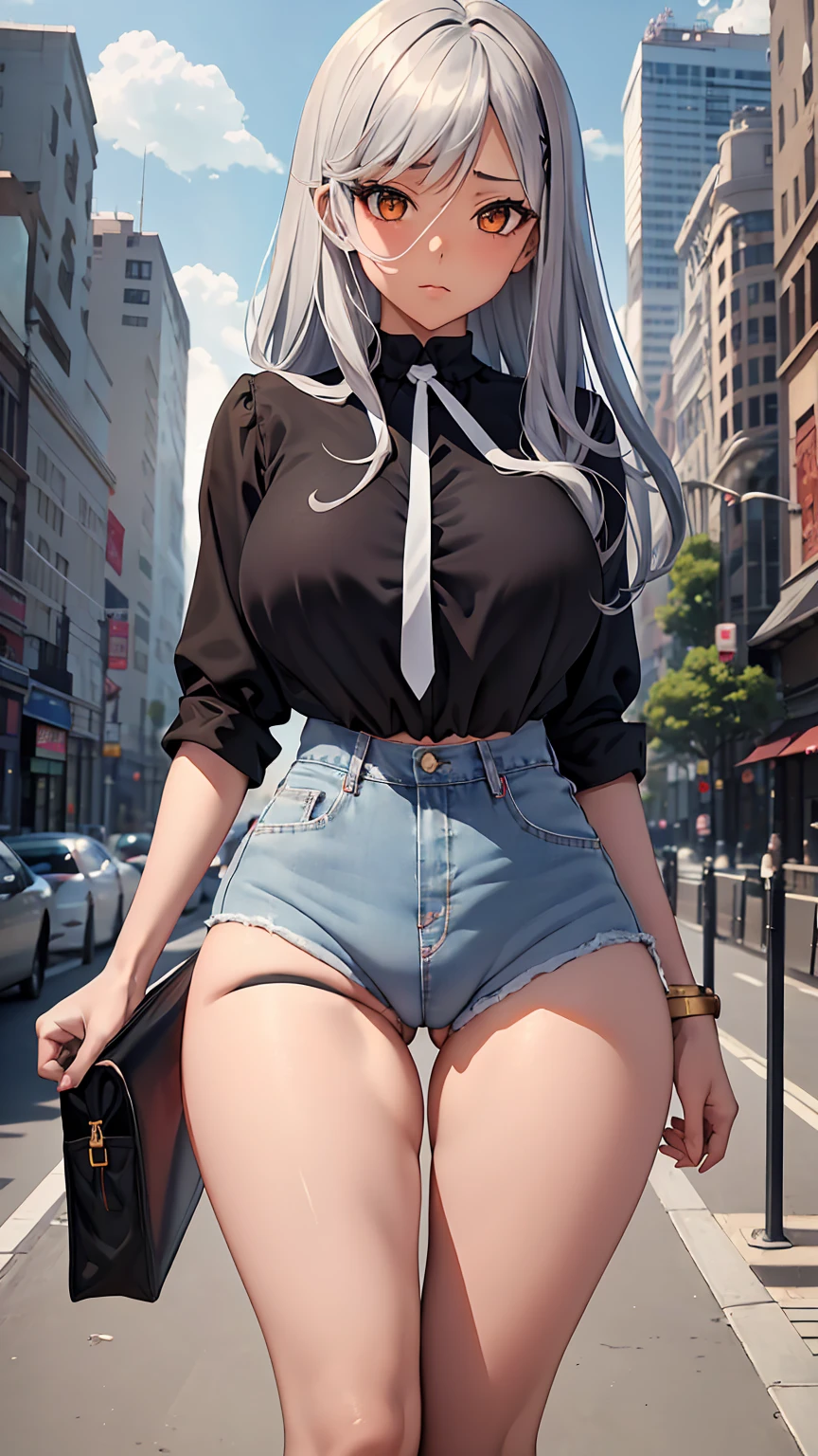 1girl, anime girl, anime, (dark skin), 2d girl, 18y, (fullbody), standing, anime girl, pensive, (silver hair), ((black blouse)), Solo, Slim, large breasts, big , big Breasts, Tight Shorts, low waist shorts, upshorts, skyscrapers background, modern city, looking at viewer, darker shadows, (((Wedgie))), (((explicit))), (((shorts))), (((absurdres))), (((thigh gap))), (((cameltoe))), (((cleft of venus))), (((lowleg shorts))), (((innie pussy))), (((inniepussy))), (((innie_pussy)))