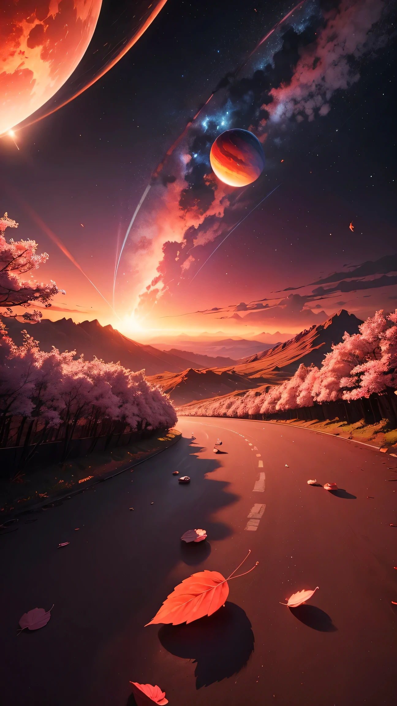 Giant planets,Crimson sky,the ground,A beautiful cherry blossom tree,magma,falling leaf,honkai,fragmented