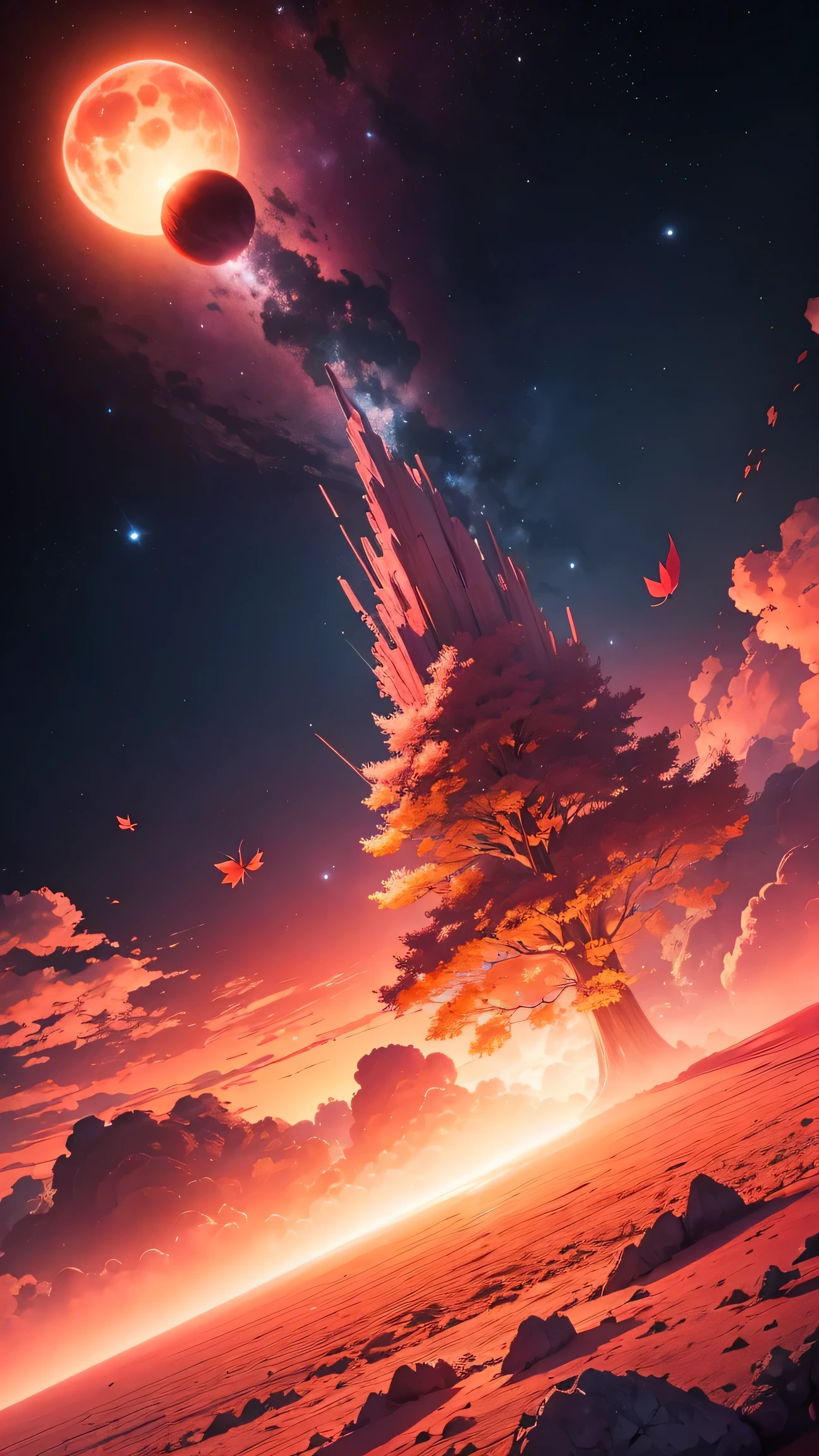 Giant planets,Crimson sky,the ground,A beautiful cherry blossom tree,magma,falling leaf,honkai,fragmented