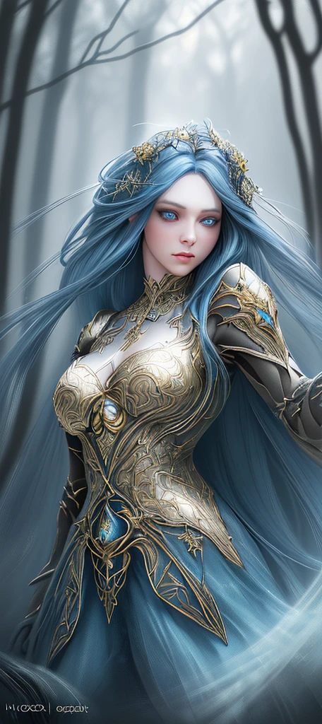 a young woman with long blue hair, golden eyes, beautiful detailed eyes, beautiful detailed lips, extremely detailed face and eyes, longeyelashes, elegant expression, fantasy forest, sunlight, magical, cinematic lighting, dramatic, vibrant colors, (best quality,4k,8k,highres,masterpiece:1.2),ultra-detailed,(realistic,photorealistic,photo-realistic:1.37),HDR,UHD,studio lighting,ultra-fine painting,sharp focus,physically-based rendering,extreme detail description,professional,vivid colors,bokeh,fantasy,concept art
