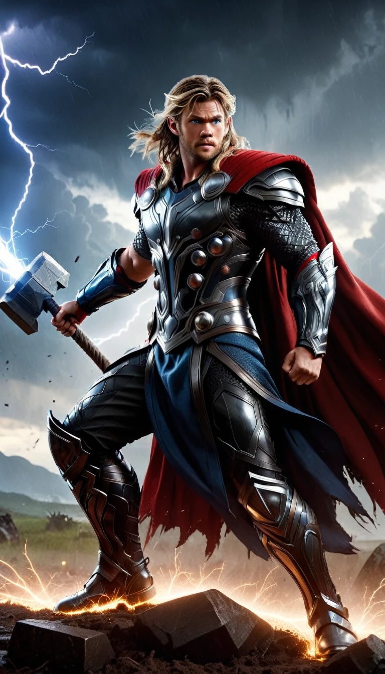 Cinematic soft lighting illuminates a stunningly detailed and ultra-realistic Chris Hemsworth as Thor God of Thunder from Thor movies,  stormy sky, lightning strikes, Thor, raising Mjolnir, thunderclouds, wind blowing, fierce expression, charging enemies, muddy ground, battle chaos, electrifying aura, sparks flying, determination, energy surge, armor shining, hammer glowing, power unleashed, that is trending on ArtStation. Octane is the perfect tool to capture the softest details of this 16k photography masterpiece