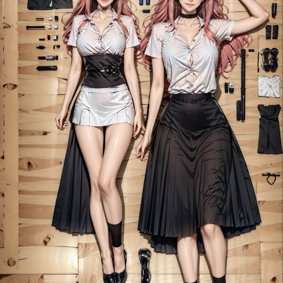 (masterpiece, Highest quality, One girl, alone, Intricate details, chromatic aberration), (Realistic),(skin), ((breathe)),(Pink Hair, Blunt bangs),Detailed Hair, Red headdress, Blue Highlights, Hair on one eye, Purple eyes, Earrings, Sharp eyes, choker,((White shirt short sleeve)),((black pencil short skirt)),((Symmetrical eyes)),((Perfectly symmetrical body)),(Pure Eros Face_v1:0.3), night,(((Natural light))),Backlight, Against a grey wall, Dim lighting ,View the viewer,((Center shot, from the front,(Face and waist))), (full body:1.5), knolling