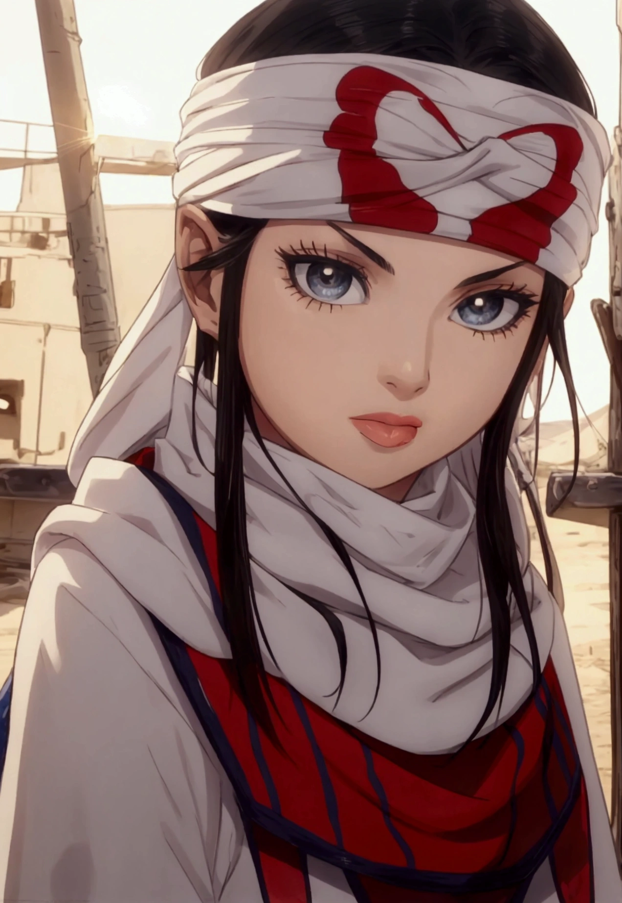 beautiful girl standing tongue out  cowl bandana on forehead  licking lips 