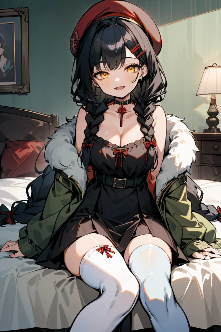 (masterpiece:1.2), (high quality:1.2), girls with((1girl, solo, black hair, yellow eyes, smiling, (wavy long hair, wearing a red beret, hairclips, braids:1.45), bare shoulder, blush, breasts, choker, cleavage, coat, cowboy shot, long dress, blue lace dress, camisole, frilled panniers, ribbon waist belt, black ribbon belt, red bow, red ribbon, neck ribbon, collar, collarbone, rosary, rosary choker, cross, fur, fur trim, parka, khaki hoodie, green hoodie, khaki jacket, hood down, hooded coat, hooded jacket, hoodie, jacket, large breasts, long sleeves, medium breasts, open clothes, open coat,open hoodie, sleeveless, winter clothes, zipper, cleavage, upper body, hand up, waving, palm, white thighhighs, single thighhigh, exposed legs, exposed foots, left thighhigh, solo, legs, high heels, sittings)), background with((bedroom, room:2.0))