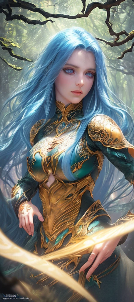 a young woman with long blue hair, golden eyes, beautiful detailed eyes, beautiful detailed lips, extremely detailed face and eyes, longeyelashes, elegant expression, fantasy forest, sunlight, magical, cinematic lighting, dramatic, vibrant colors, (best quality,4k,8k,highres,masterpiece:1.2),ultra-detailed,(realistic,photorealistic,photo-realistic:1.37),HDR,UHD,studio lighting,ultra-fine painting,sharp focus,physically-based rendering,extreme detail description,professional,vivid colors,bokeh,fantasy,concept art