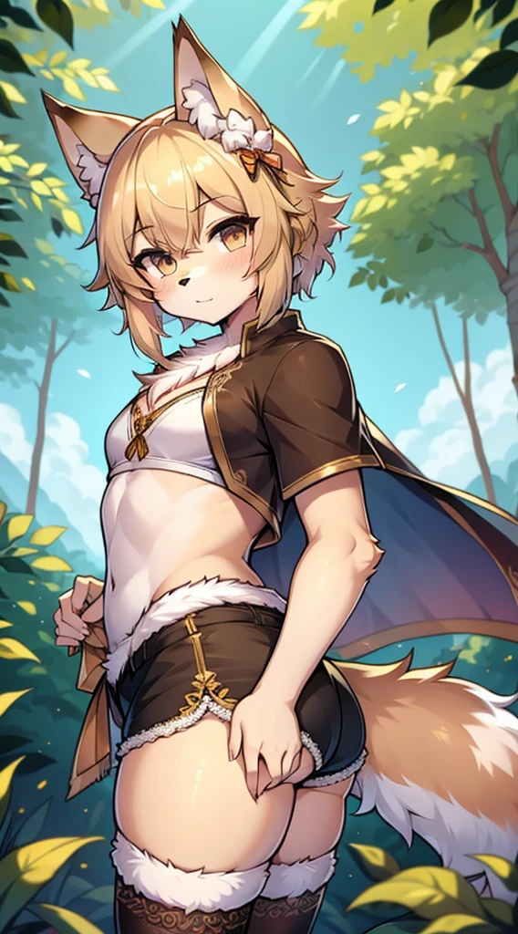 Wolf Boy，Wolf-eared boy，furry，furry，hairy，Blonde hair all over，Golden fur，Golden fur，绿色Bow and Arrow手服装，hunter costume，hunter costume，furry，白色丝绸Knee socks，Knee socks，蕾丝花边Knee socks，Lace style decoration，shorts，蕾丝花边shorts，白色花边shorts，猎人shawl，绿色shawl，shawl，Big Ass，Pseudo-sissy ass，femboy，绿色hunter costume，Forest Background，Jungle Background，Outdoor Background，Bow and Arrow，Quiver，背着Bow and Arrow，flat chest，Chest wrap，shawl