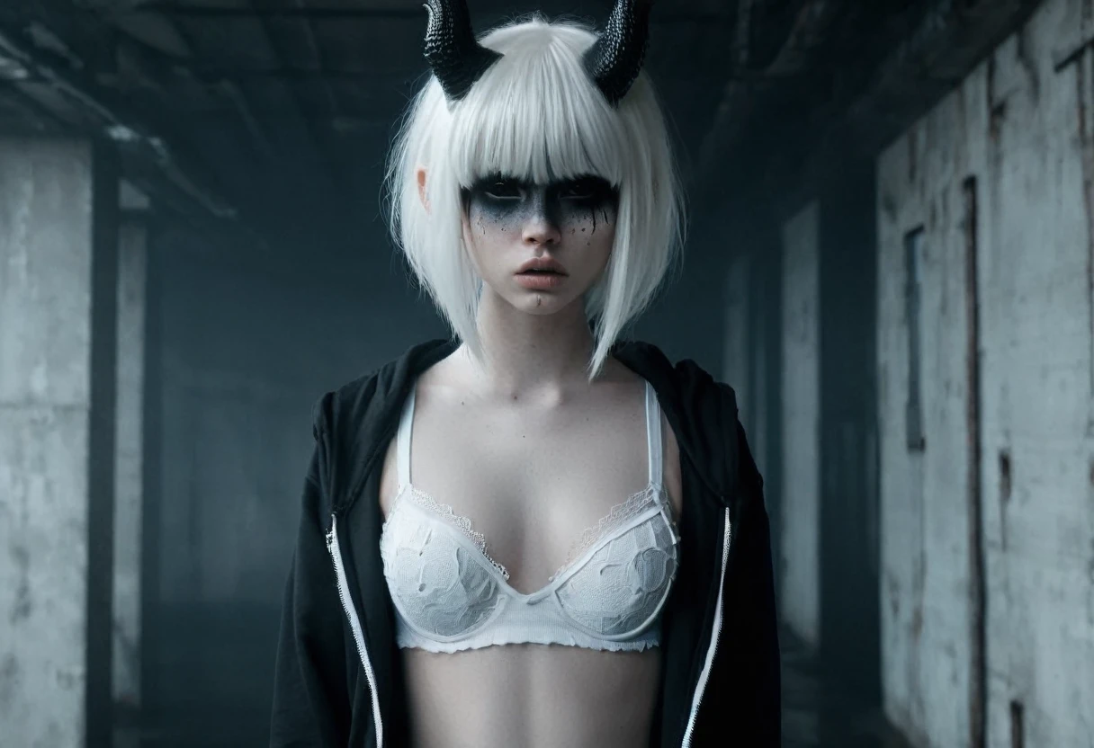 (Best Quality,hight resolution,Masterpiece, full body view:1.2),Ultra-detailed,demon woman,dressed in black hoodie and white panties,sickly,standing in a horror sci fi scenario,horror sci fi aesthetic,gloomy ecstasy,fetish,dark gloomy atmosphere,gritty texture,Retro-atmosphere,warped reality,melancholic expression on his face,mysterious aura,foggy atmosphere,foggy background,Subtle color palette,provocative pose,Strong emotions,Coming Out of the Depths of Despair,Piercing gaze,intense shadows,Plunged in Darkness,dark industrial aesthetic,ominous vibe,A supernatural sensation,Loss of Place in Time and Space,Eerie silence.asymmetrical bangs, freckles, white short hair, Bangs, freckles, gray eyes,