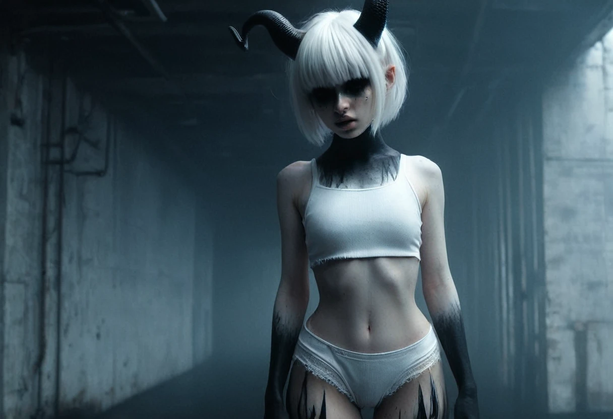 (Best Quality,hight resolution,Masterpiece, full body view:1.2),Ultra-detailed,demon woman,dressed in black hoodie and white panties,sickly,standing in a horror sci fi scenario,horror sci fi aesthetic,gloomy ecstasy,fetish,dark gloomy atmosphere,gritty texture,Retro-atmosphere,warped reality,melancholic expression on his face,mysterious aura,foggy atmosphere,foggy background,Subtle color palette,provocative pose,Strong emotions,Coming Out of the Depths of Despair,Piercing gaze,intense shadows,Plunged in Darkness,dark industrial aesthetic,ominous vibe,A supernatural sensation,Loss of Place in Time and Space,Eerie silence.asymmetrical bangs, freckles, white short hair, Bangs, freckles, gray eyes,