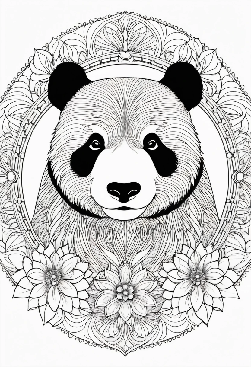 A striking black and white line art coloring page designed for adults with white background, featuring a majestic Giant Panda in a mandala-inspired style. The Giant Panda is adorned with intricate patterns that include floral and geometric designs, making it an engaging and detailed work of art. The illustration focuses on crisp, clean lines and bold outlines, without any shading or color, allowing the user to bring their own vibrancy to the piece. The minimalistic design, with its thick lines and absence of background details, creates a soothing coloring experience for adults seeking calming and creative activities. illustration