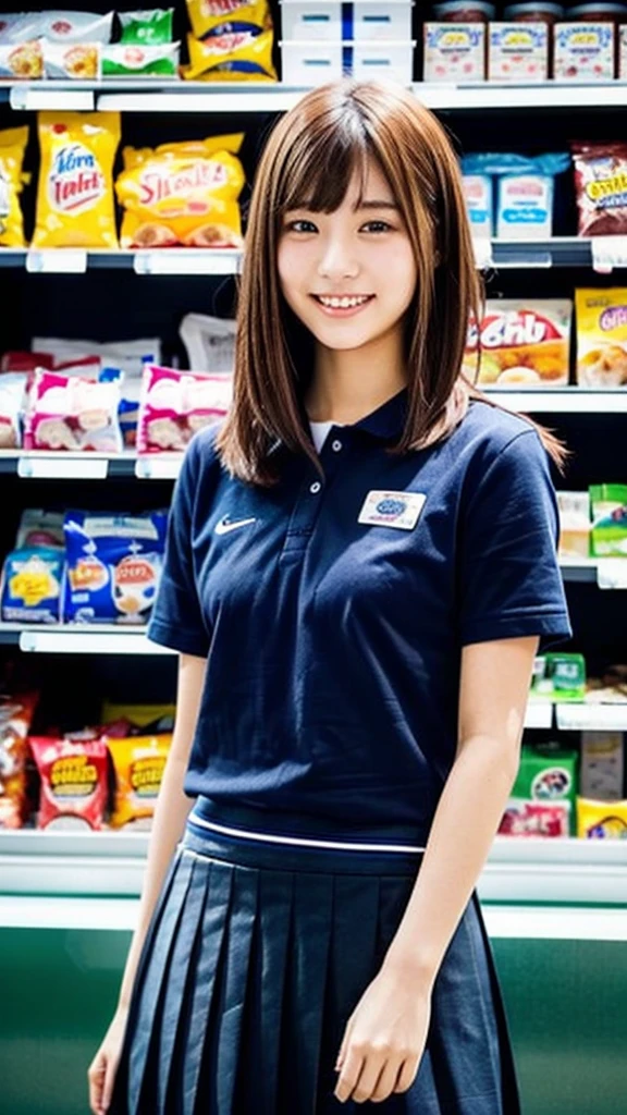 (Highest quality:1.5), (Real:1.4), (Ultra high definition:1.4), (No correction:1.4), (18-year-old girl), (1 Japanese girl with flat chest in eighteen years old), (flat chest), cute face, (Beautiful skin), (bangs:1.1), (Medium Hair), (Convenience store uniform blue shirt), (School uniform black skirt), (18 years old flat chest girl with convenience store uniform is standing in convenience store), (front view of a girl:1.1), (Convenience store), (Upper Body), (smile), (Turn your body forward:1.1), (flat chest:1.1), (upright:1.1), (Portrait:1.1)