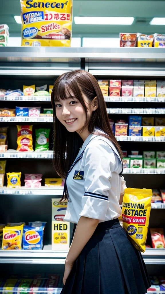 (Highest quality:1.5), (Real:1.4), (Ultra high definition:1.4), (No correction:1.4), (18-year-old girl), (1 Japanese girl with flat chest in eighteen years old), (flat chest), cute face, (Beautiful skin), (bangs:1.1), (Medium Hair), (Convenience store uniform blue shirt), (School uniform black skirt), (18 years old flat chest girl with convenience store uniform is standing in convenience store), (front view of a girl:1.1), (Convenience store), (Upper Body), (smile), (Turn your body forward:1.1), (flat chest:1.1), (upright:1.1), (Portrait:1.1)