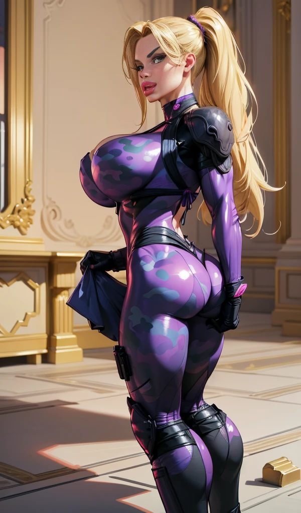 UHD 8k, HDR+,  Generate an illustration of a mature Nina Williams, 1girl, looking slightly to the side, laying on knees, view from behind, perfect ass, ((Tekken)), blonde hair , (aletta ocean face), de terno preto, (bikini:1.3), ponytail hair, (large breasts:1.4), in anime format with a serious style, (purple camo bodysuit), ((purple bodysuit)), boots, gothic make up, masterpiece, ((dark lighting)), black background, (puffy lips),((slendered abs)), beautiful face, Against the background of the chic modern apartment, detailed background, realistic, 1girl, solo girl, 25 year old girl, ultra realistic face, hyperrealistic, hyperdetailed, (looking at viewers), sharpen, detailed face, detailed eyes, detailed lips, red lips, beautiful face, 16k, FHD, raw photo, cute face mesh, pretty face mesh, portrait shot 8 k