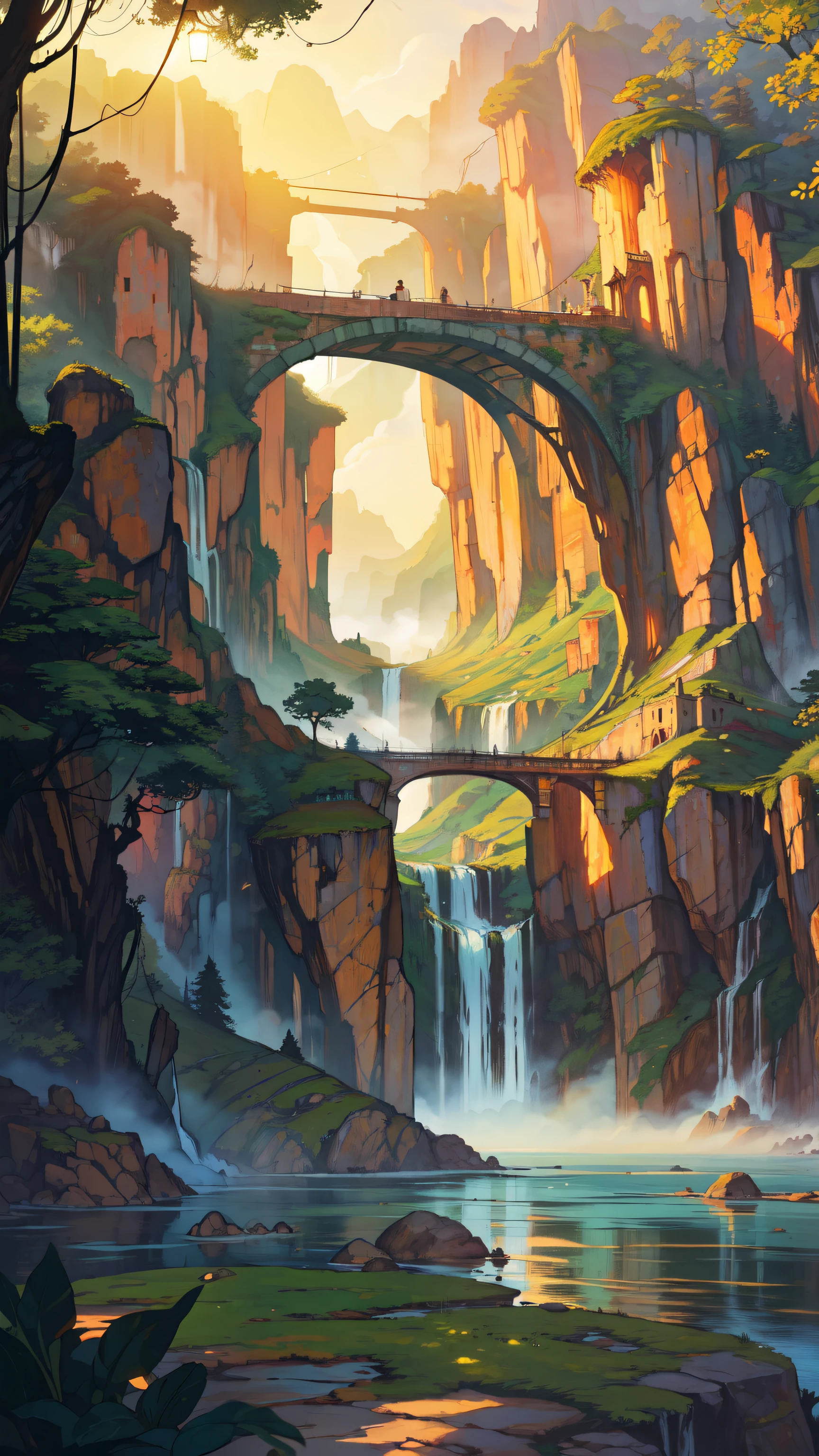 panoramic view, floating island, cascading waterfalls, dawn light, ethereal, silence, lush vegetation, covered with mist, rock formations, aesthetics, tranquil, hanging bridges, movie scene, otherworldly tones, fantasy landscape, serene atmosphere, 8k, soft glow, peaceful setting, light illuminating mist, intricate scenery"