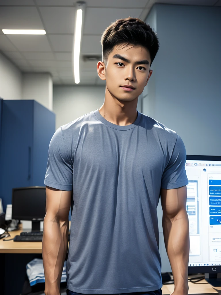 A young Asian man stands, handsome, muscular, looking at the camera. In a simple navy blue T-shirt., In the computer room