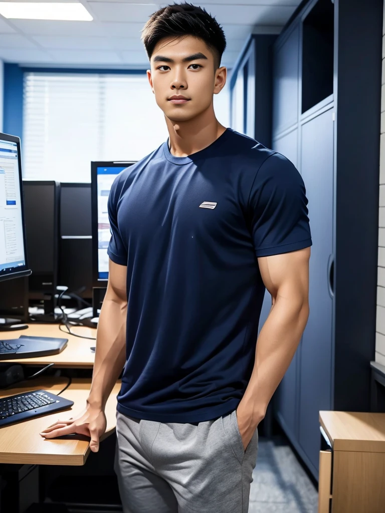 A young Asian man stands, handsome, muscular, looking at the camera. In a simple navy blue T-shirt., In the computer room