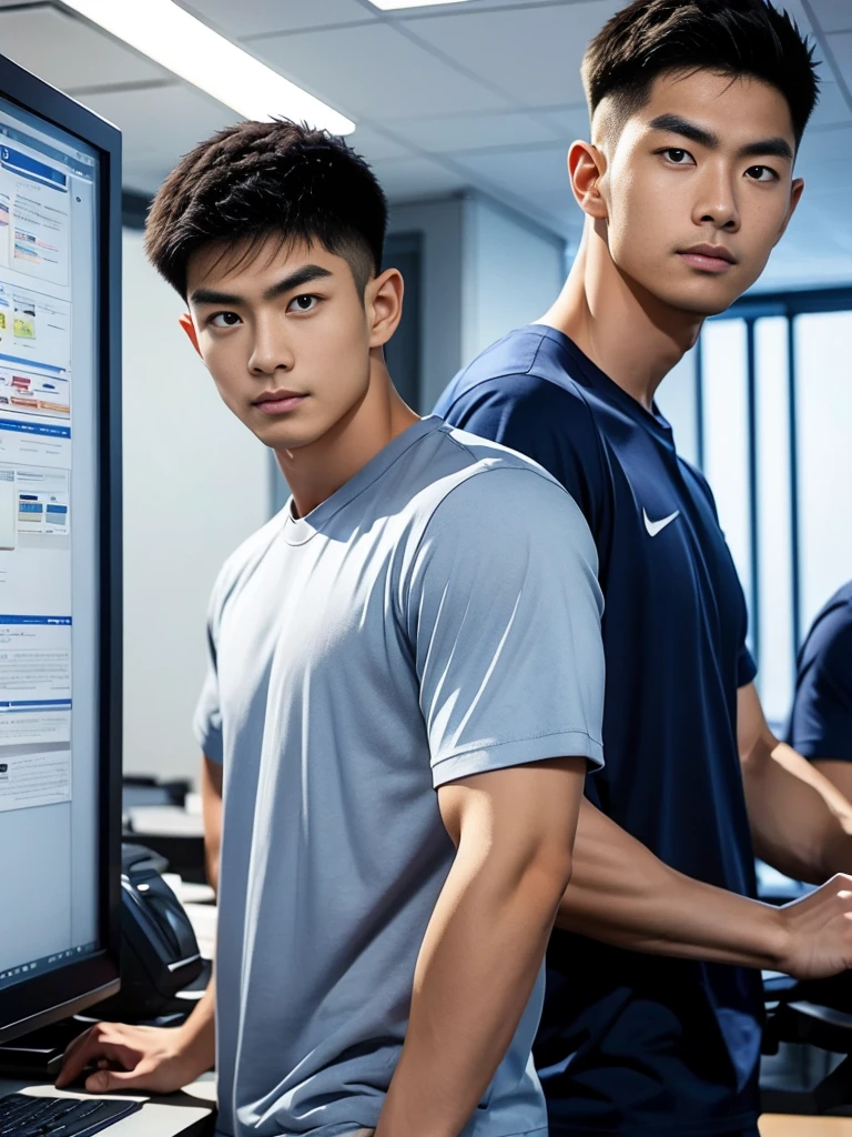 A young Asian man stands, handsome, muscular, looking at the camera. In a simple navy blue T-shirt., In the computer room