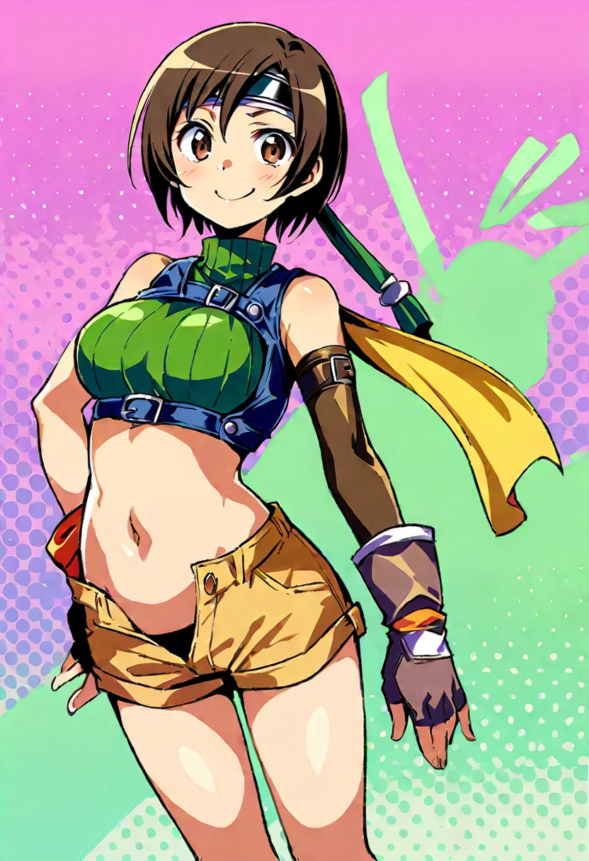 score_9, score_8_up, score_7_up,,BREAK , top angle:1.3.,mediumshot,(Standing pose),soro focus,1girl, yuffie kisaragi, final fantasy, short hair,headband,navel,sleeveless,turtleneck,brown eyes,sleeveless turtleneck,solo,breasts,looking at viewer,smile,gloves,crop top,brown hair,shorts,midriff,,sweater,open fly,armor,fingerless gloves,ribbed sweater,medium breasts,,smile,smug,best quality,aesthetic,very aesthetic,masterpiece,high-resolution,  (Proportion).,