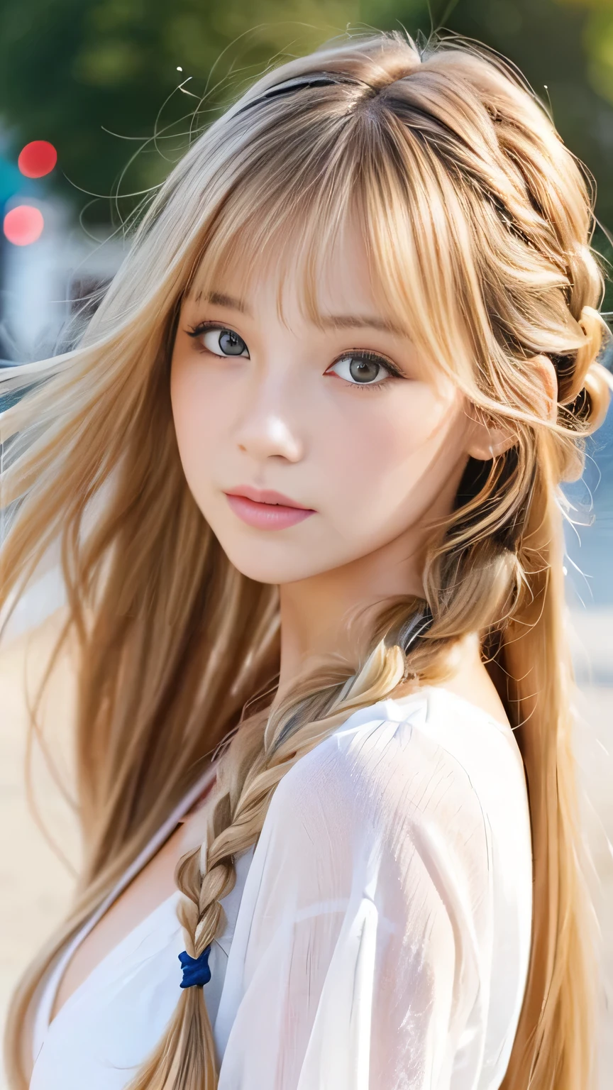 Sexy Big 、Sexy cute looks and cute  beautiful girl, beautiful and sexy face、A strong wind blows my hair in front of my face、beautiful long blonde French braided hair、beautiful, Cute and sexy eyes hidden behind long bangs