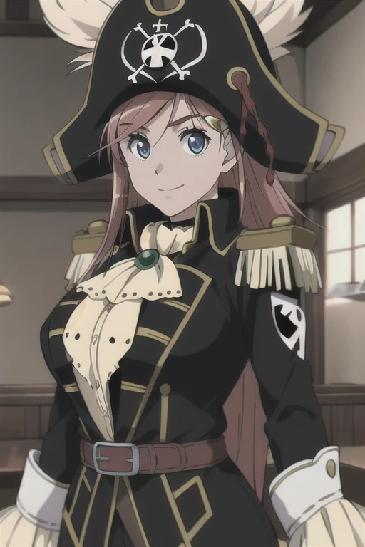 masterpiece, best quality, 1girl, detailed face and eyes, big breasts, Katou Marika, (black pirate costume), belt, (black pants), (black pirate hat), smile, indoors