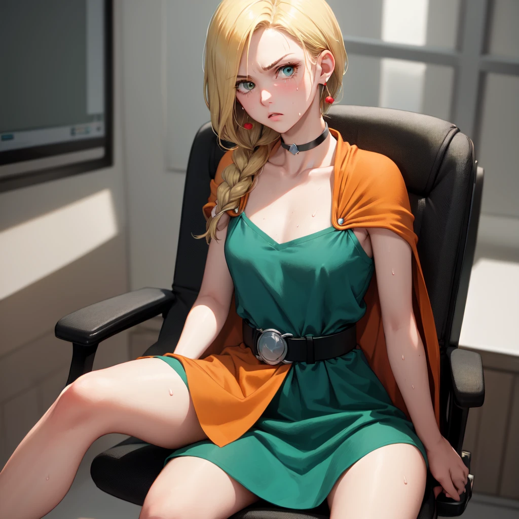 masterpiece, Highest quality, DQ Bianca, Single Blade, Earrings, choker, Orange Cape, Green Dress, belt, Small breasts, Sitting, Upper Body, Leg spread, Chest, Turn your body forward, hot, Sweating a lot, Wipe away sweat, looking at the camera, Sitting in the CEO chair, angry