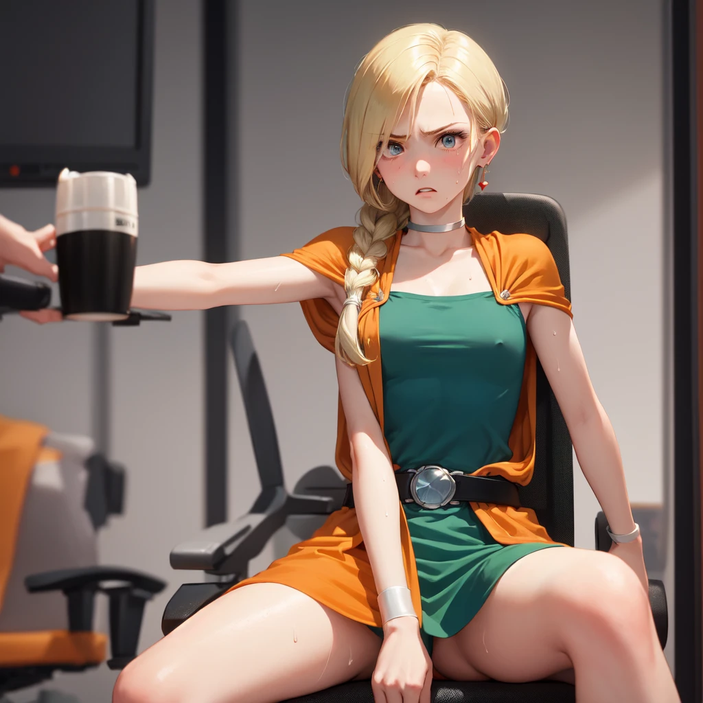 masterpiece, Highest quality, DQ Bianca, Single Blade, Earrings, choker, Orange Cape, Green Dress, belt, Small breasts, Sitting, Upper Body, Leg spread, Chest, Turn your body forward, hot, Sweating a lot, Wipe away sweat, looking at the camera, Sitting in the CEO chair, angry