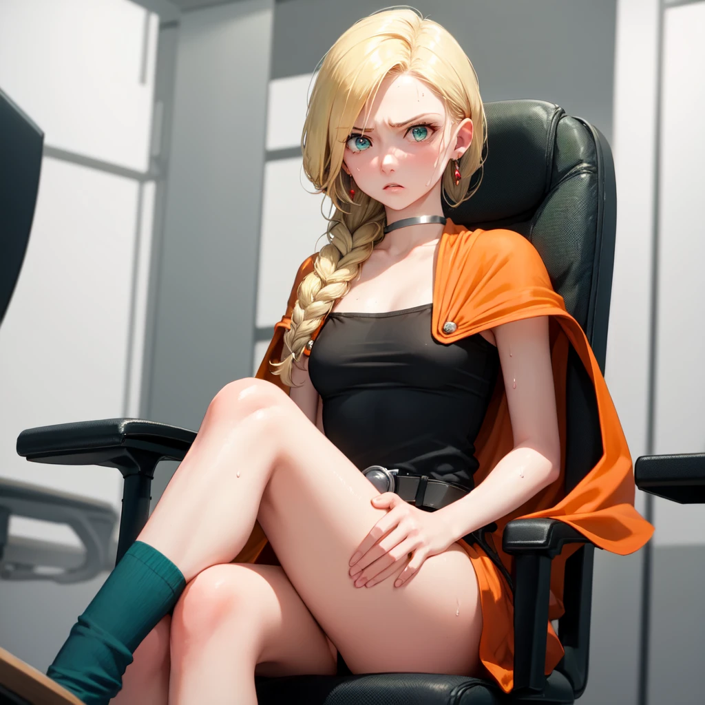 masterpiece, Highest quality, DQ Bianca, Single Blade, Earrings, choker, Orange Cape, Green Dress, belt, Small breasts, Sitting, Upper Body, Leg spread, Chest, Turn your body forward, hot, Sweating a lot, Wipe away sweat, looking at the camera, Sitting in the CEO chair, angry