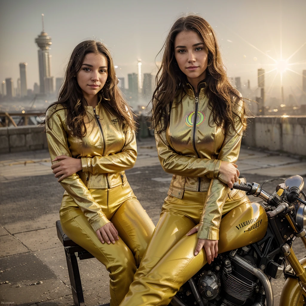 photo of a girl with wavy brown hair and light green eyes she has large breasts and a narrow waist, award winning), very long legs, wearing yellow leather pants and a yellow jacket with a dragon print on the back, she is sitting on a white Ducati motorcycle, a foggy and burning city , smoke, explosions) , water splashes, particles, 5mm, F/2.8, ((Photofocus, DOF, Aperture, insanely detailed and intricate, character, hypermaximalist, revealing, attractive, attractive, captivating, hyperrealistic, super detailed, heretical glare) (DOF, blurred background, sunset in the background) (Lens flare: 1.3), (Heresy flare: 1.4), smiling, standing
