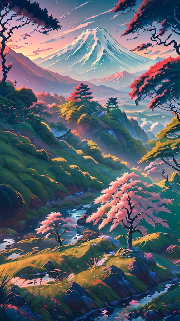 A Japanese valley unfolds with Mount Fuji in the background. Alongside vibrant grass, a slender road meanders, accompanied by the presence of tall trees, enhancing the serene beauty of the landscape.