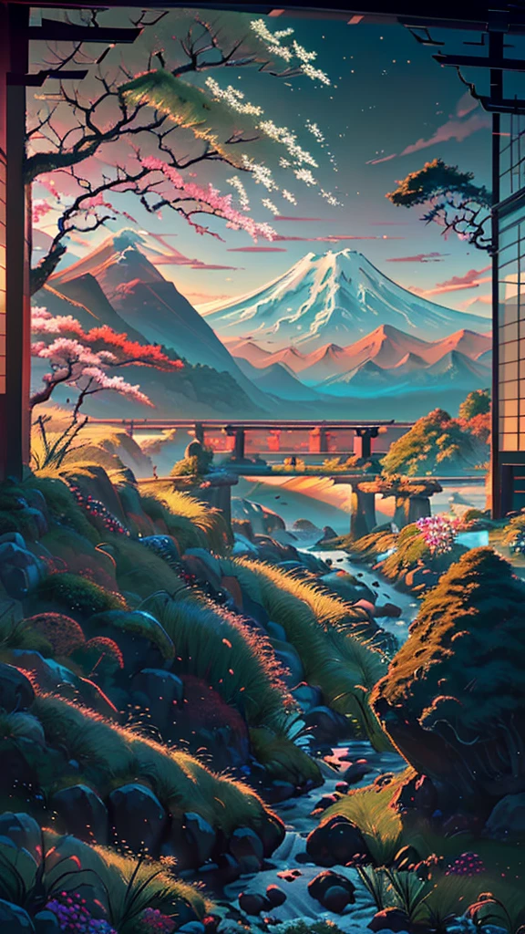 A Japanese valley unfolds with Mount Fuji in the background. Alongside vibrant grass, a slender road meanders, accompanied by the presence of tall trees, enhancing the serene beauty of the landscape.