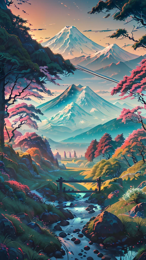 A Japanese valley unfolds with Mount Fuji in the background. Alongside vibrant grass, a slender road meanders, accompanied by the presence of tall trees, enhancing the serene beauty of the landscape.