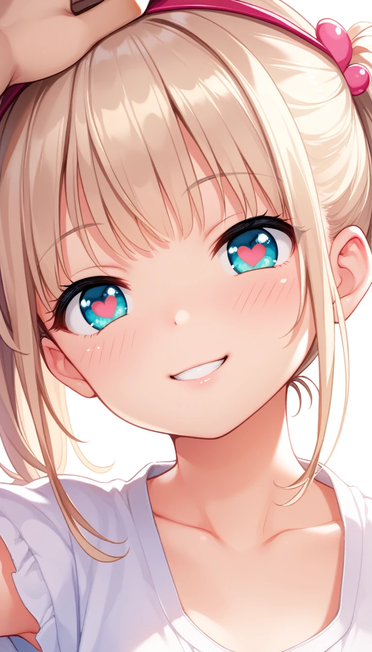 1girl, tiny girl, young girl, mesugaki, mesugaki smile, Teasing, naughty looks, heart eyes, A girl who puts her own Clenched fist to her own head:1.3, A girl tapping her own head:1.3, tidy, Focus on the girl, glossy skin, oily skin, Close-up of the face, Masterpiece:2, Top Quality, high Quality, Very Detailed, ultra  High Resolution, super High Resolution, Beautiful Detail, Dynamic angles, perfect lighting, 8k, Animation Style,  cartoon style, game cg, sfw, 