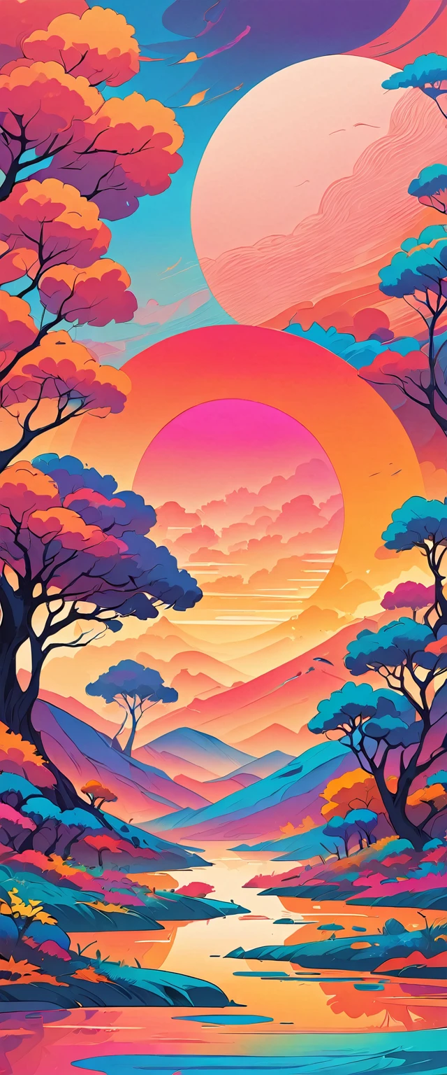 Super nice background,clean background,abstract painting,Vibrant colors,floral ornament,under the sun,trees