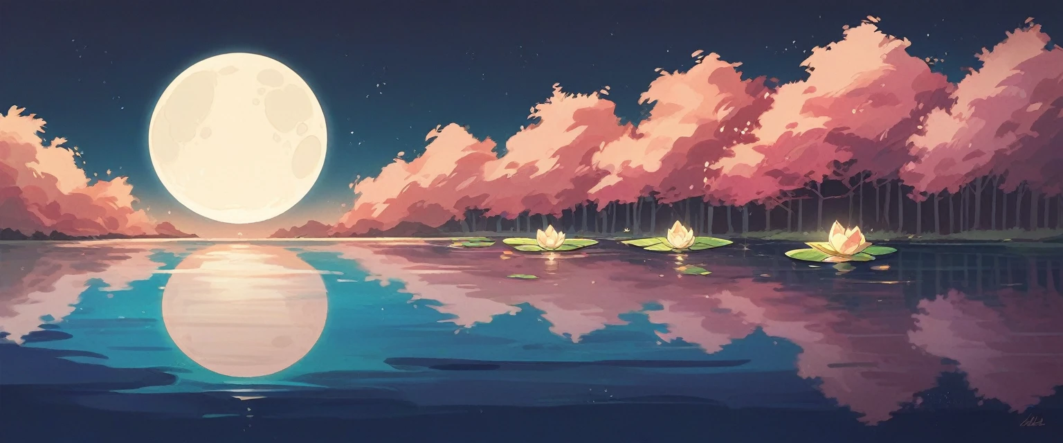 ((only one lotus leaf)),night,moon,lake surface,gold,pink,green,glass texture、Light, Gradient translucent glass melt, clean, image size 1920x1080