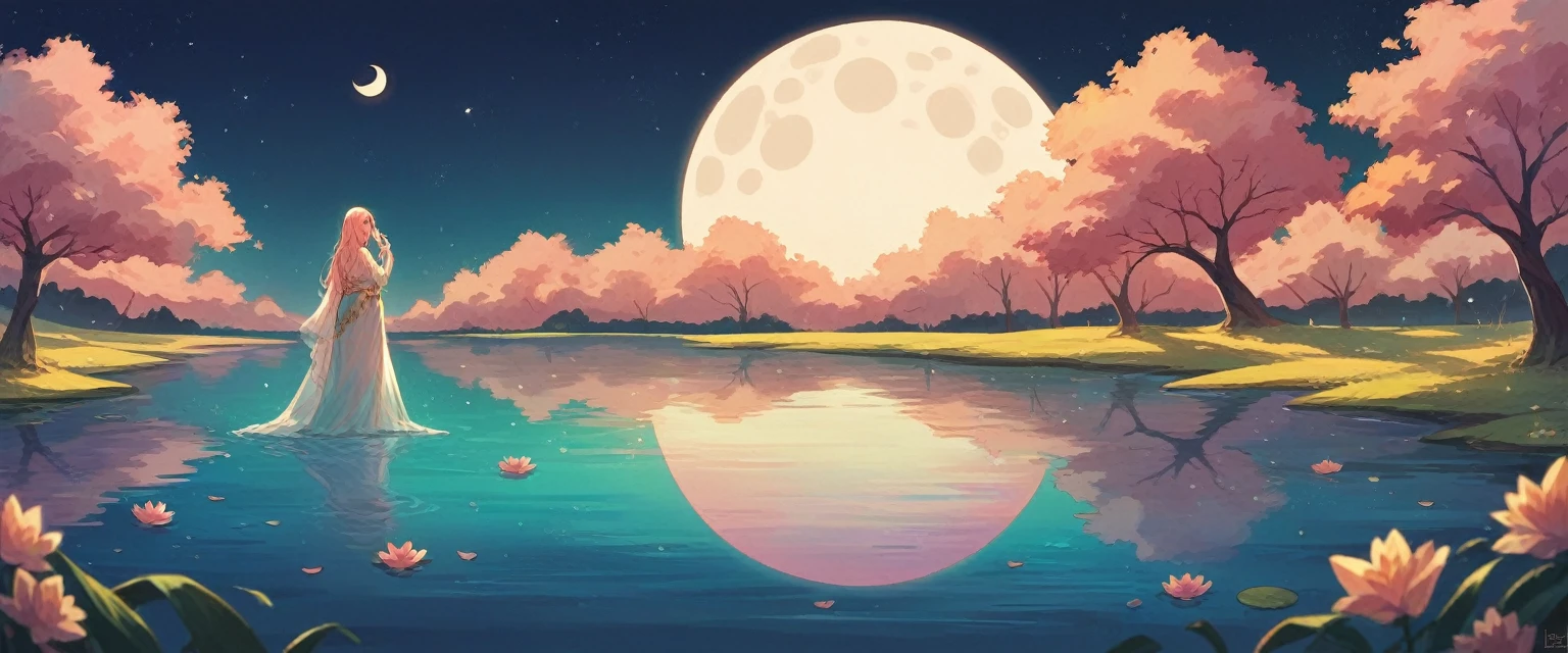 ((only one lotus leaf)),night,moon,lake surface,gold,pink,green,glass texture、Light, Gradient translucent glass melt, clean, image size 1920x1080