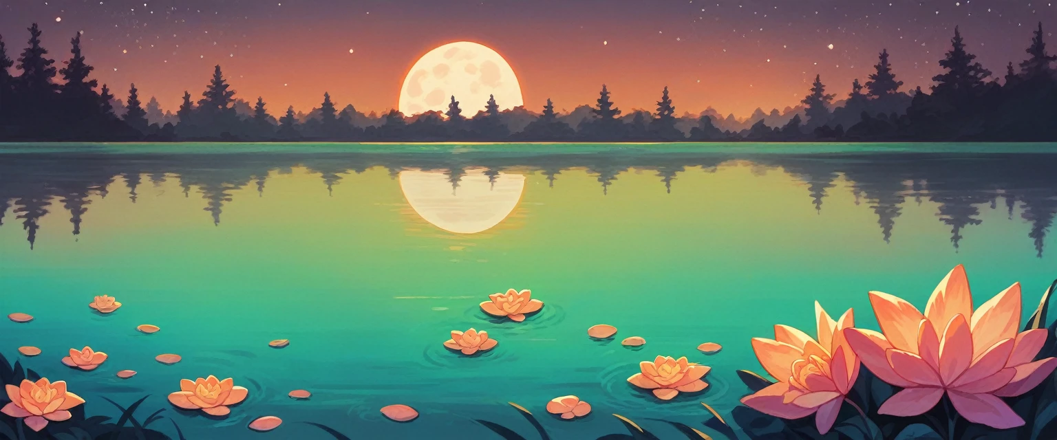 ((only one lotus leaf)),night,moon,lake surface,gold,pink,green,glass texture、Light, Gradient translucent glass melt, clean, image size 1920x1080