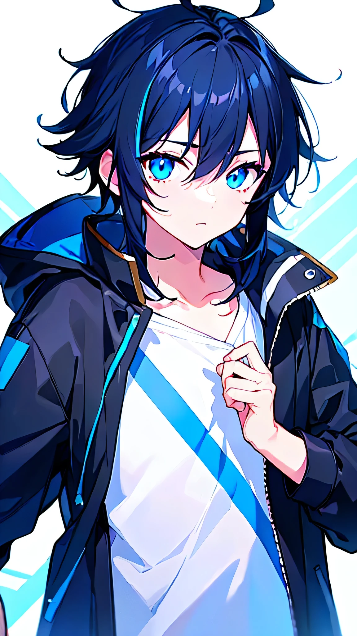 [(WHITE BACKGROUND:1.5),::5], ((((masterpiece)))), high quality, ultra very high resolution, full color, (((solo))), (( boy)), BLACK hair, (Blue streaked hair), (oriental deepblue eyes), anime, ((upper body)), Summer clothes, neon light, black parka,