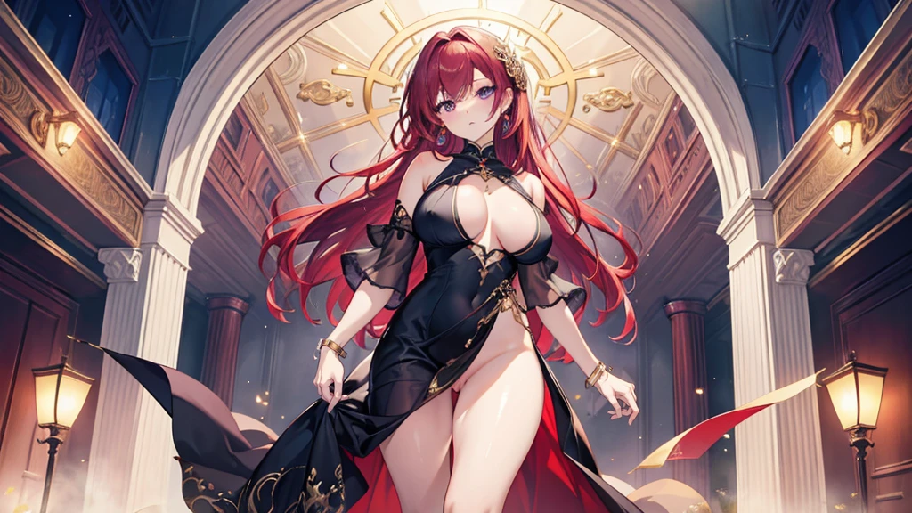 Highest quality, masterpiece, figure, wallpaper,One woman, Beautiful detailed woman, Highly detailed eyes and face, Beautiful attention to detail, Shine, Purple Eyes,,Bright Red Hair ,crisp finger, clear background, deep night、Big earrings、bracelet,28 years old,Are standing,Thighs,Large Breasts、Nipples、nude、sexual act, penis
