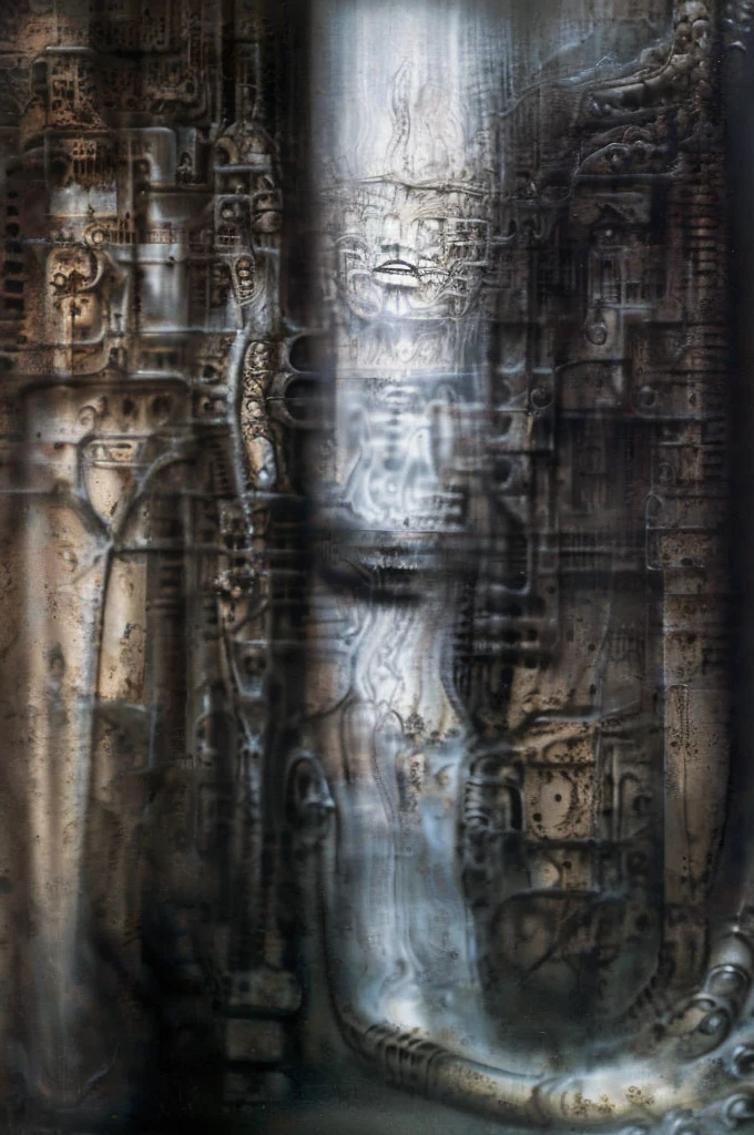 xgiger, The image is a detailed view of H.R. Giger's biomechanical tableau \" LANDSCAPE No 312 \" plate, featuring
a complex, intricate, and detailed design of endless Machine in the transit space aside the cascade of fallen water, that appears to be a fusion of organic and mechanical elements, with a focus on the interplay between the two.The piece is a tableau, most likely created with a India ink pen or pencil on paper, determined by the thin lines, shading techniques, and the texture of the paper, which is visible around the edges.
Used is pen, given the shading and variations in line weight visible in the image. Artist have used a variety of stylus with different degrees of hardness to achieve the shading effects.
 The use of undersaturated green-grays dark contrasts creates a stark and graphic look. Is used a variety of linework techniques to create different textures. Fine, parallel lines create a smooth, metallic texture,while thicker, more cursive lines suggest cables or wires.
Light source from the top highlights skeletals, pper part of foreground, lower part of image is in shadowupper part of foreground, lower part of image is in shadow.
The art performance showcases the artist’s skills in observation and rendering. The level of detail in the piece suggests a close study of real bone specimens and mechanics. The artist has skillfully used shading techniques to create a convincing illusion of three-dimensionality on a flat surface. The wrinkles and cracks in the surface, and the cast shadows with accuracy, used shading techniques to create a realistic depiction of light and shadow on the objects. This creates a sense of depth and dimension in the image. The artist has used careful linework to depict the contours and textures in the piece
Sharp focus on foreground elements illustration. Deep and delicate DOF. Big painting. Stored in Louvre masterpiece, ooze soaked pajama top
