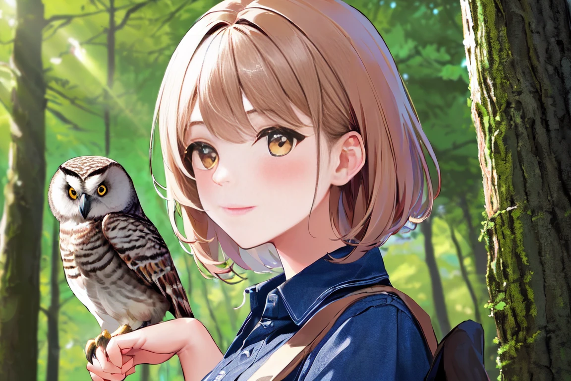 Highest quality masterpiece Cute with an owl on her shoulder Photo style Real in the forest
