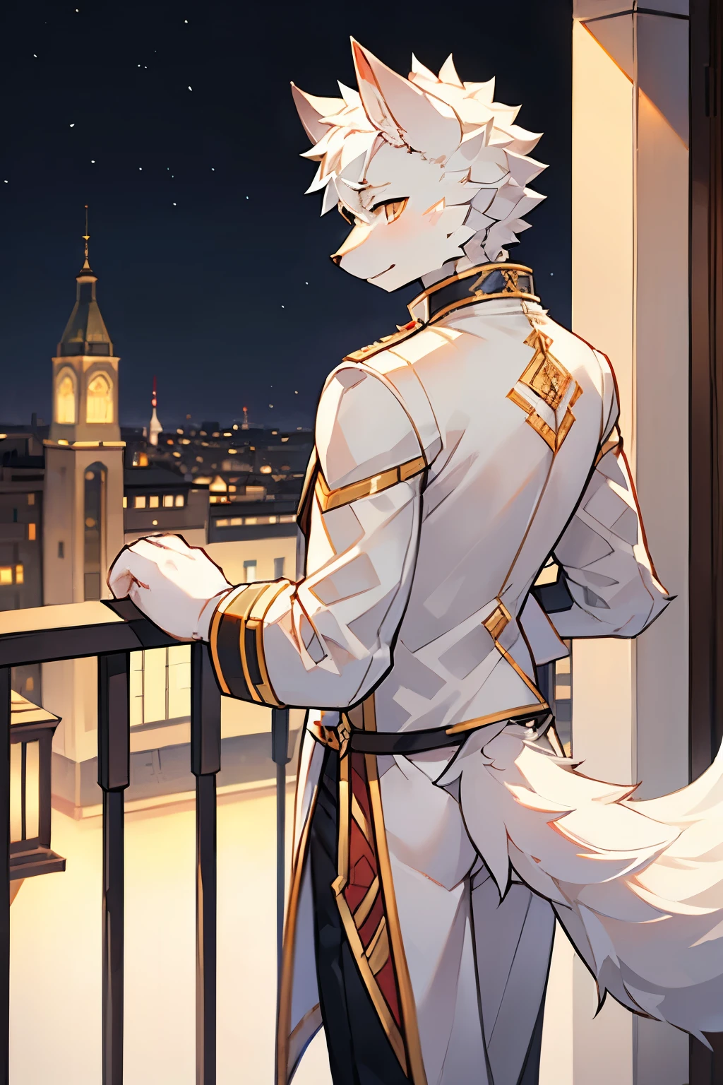 Exquisite lines，best quality。university student，male，White Wolf Orcs，higher，Long white coat，White pants，Golden pupils，Background apartment balcony，night，Standing on the balcony，Hands on the fence，Back to ，Bow your head