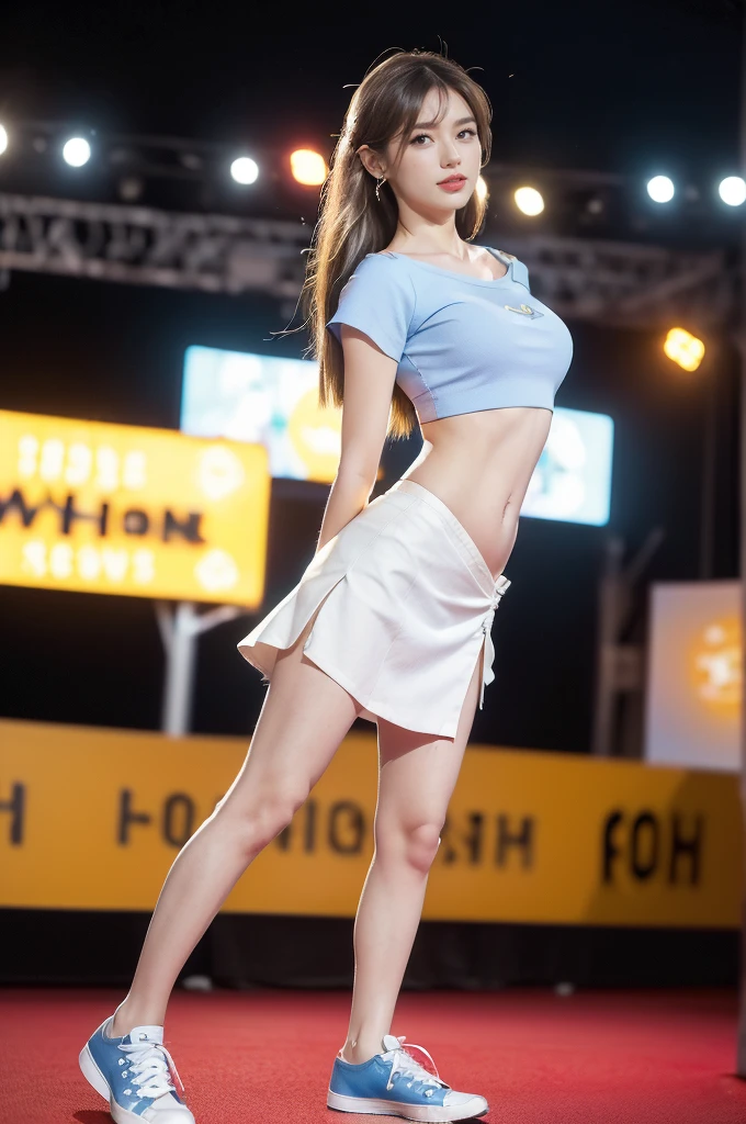 (((best quality))),(((ultra detailed))),(((masterpiece))),illustration,((a beautiful girl,solo)),(shoulder length straight hair:1.2),((slim,thin)),((small breasts,flat chest,cleavage,navel)),(blue short-sleeved white shirt:1.5),(blue mini-skirt:1.3),(slender legs:1.2),(sneakers:1.3),(standing:1.3),(arms behind back:1.3),(on the stage:1.3),((outside a shopping mall, at the entrance of a beer promotional event)),((surrounded by crowded crowds)),expressive eyes,infectious smile,the stage adorned with colorful decorations,vibrant atmosphere,(night scene:1.3),(from front:1.3),(full body:1.3),